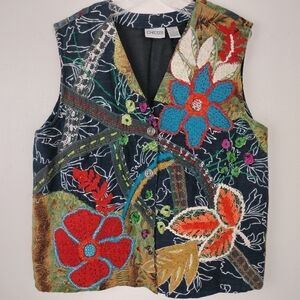 Chico's Super Unique Quilted Mixed Fabric Embroidered Waist Coat Sz. 1 (Lg)